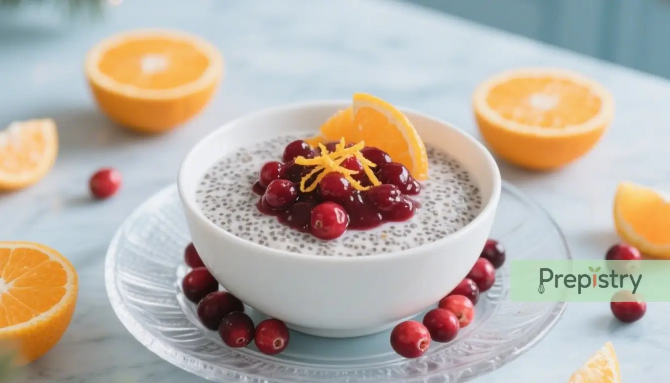 A bowl of cranberry-orange chia pudding topped with fresh cranberries and orange zest.