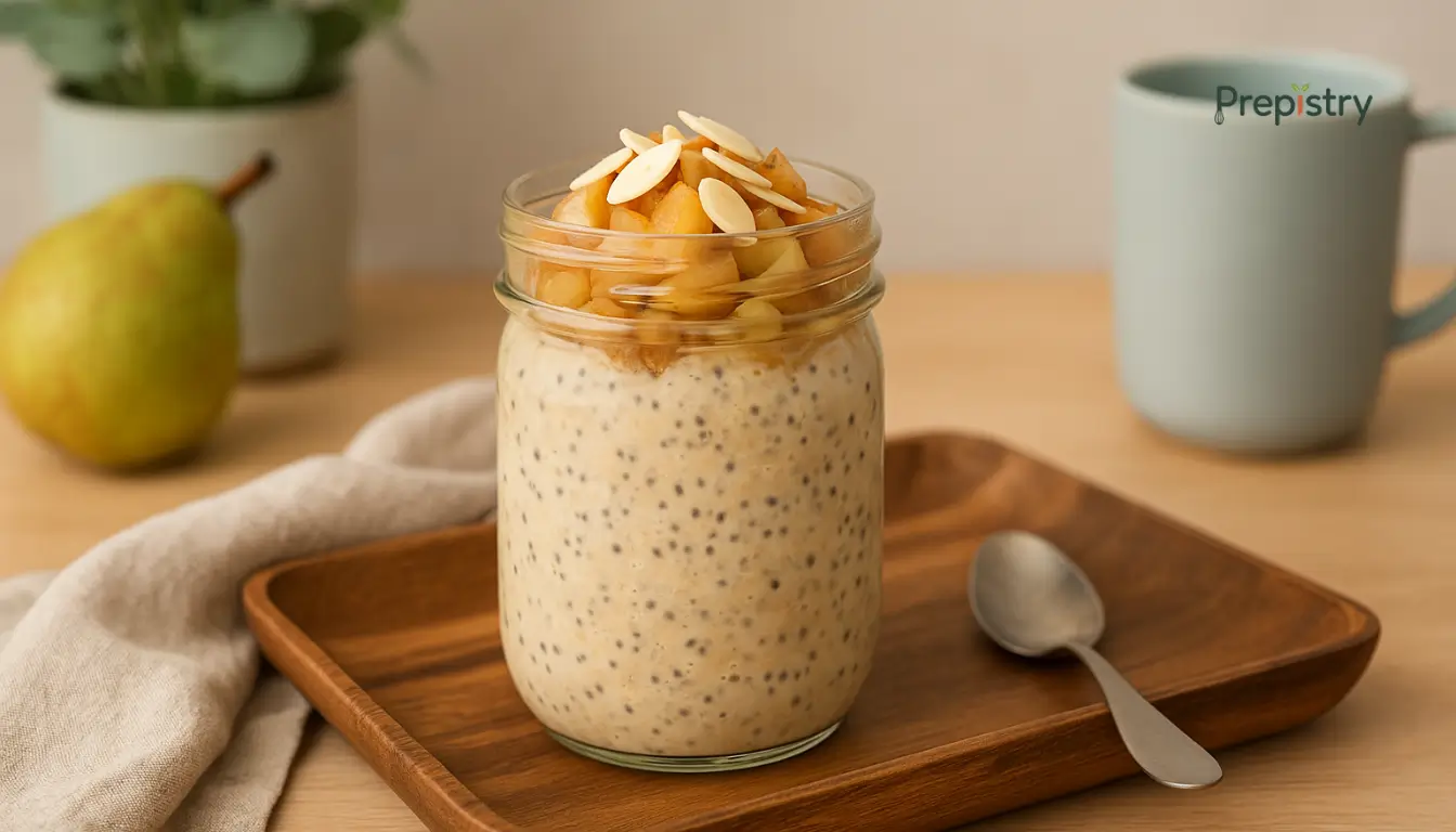 Creamy Almond-Chia Overnight Oats A jar of chia almond overnight oats topped with spiced pears and almond slivers on a wooden tray