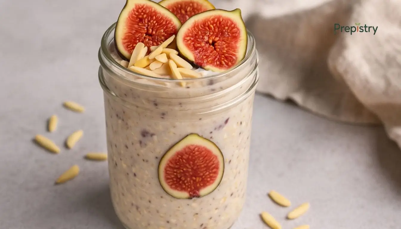 Creamy Fig & Almond Overnight Oats Jar of creamy overnight oats topped with fresh figs and slivered almonds