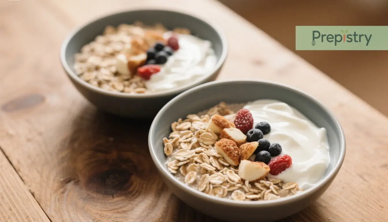 Creamy Greek Yogurt Overnight Oats Bowls of Greek yogurt overnight oats topped with berries and nuts on a wooden surface, in natural light.
