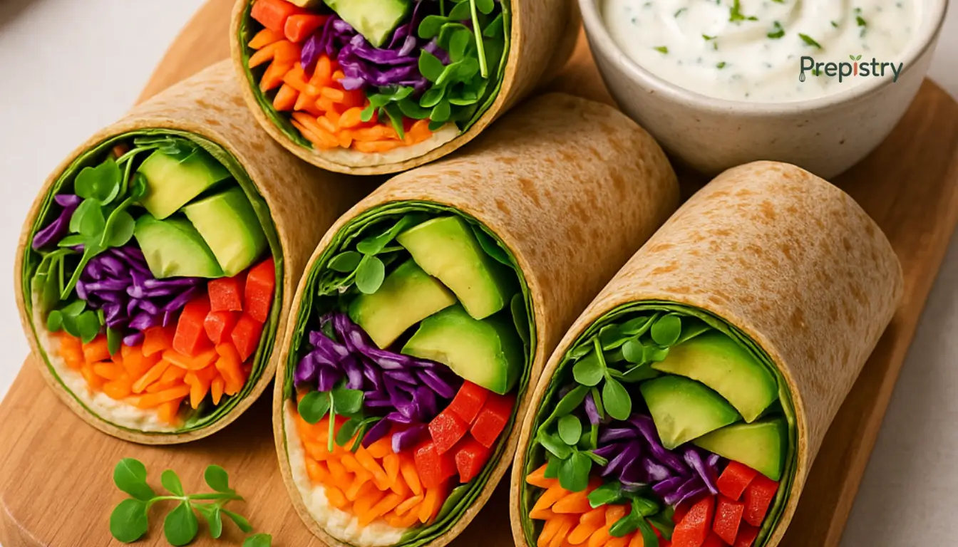 Crisp Rainbow Veggie Wraps Colorful veggie wraps with avocado, peppers, cabbage, and dip on a wooden board