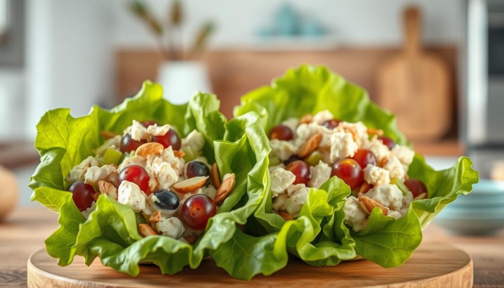 Crisp green lettuce leaves gently cradle a flavorful chicken salad, its creamy texture punctuated by crunchy celery, juicy grapes, and toasted almonds. The scene is set in a cozy, minimal kitchen with warm wooden tones and light blue accents, creating a soothing, natural atmosphere. Soft, diffused lighting casts a gentle glow, highlighting the vibrant colors and textures of the ingredients. The camera angle is slightly elevated, providing a clean, uncluttered view of the tempting lettuce wraps, ready to be enjoyed as a delightful, no-heat lunch.