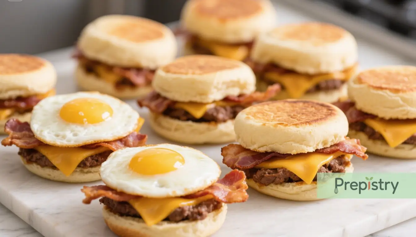 Crispy Beef Bacon & Cheddar Sandwiches Crispy beef bacon, melted cheddar, and a fried egg on toasted English muffins.