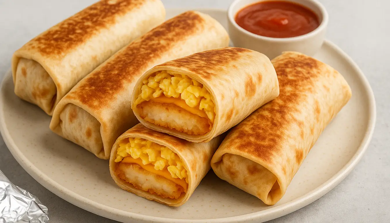 Crispy breakfast wraps with scrambled eggs, hash browns, and cheddar cheese