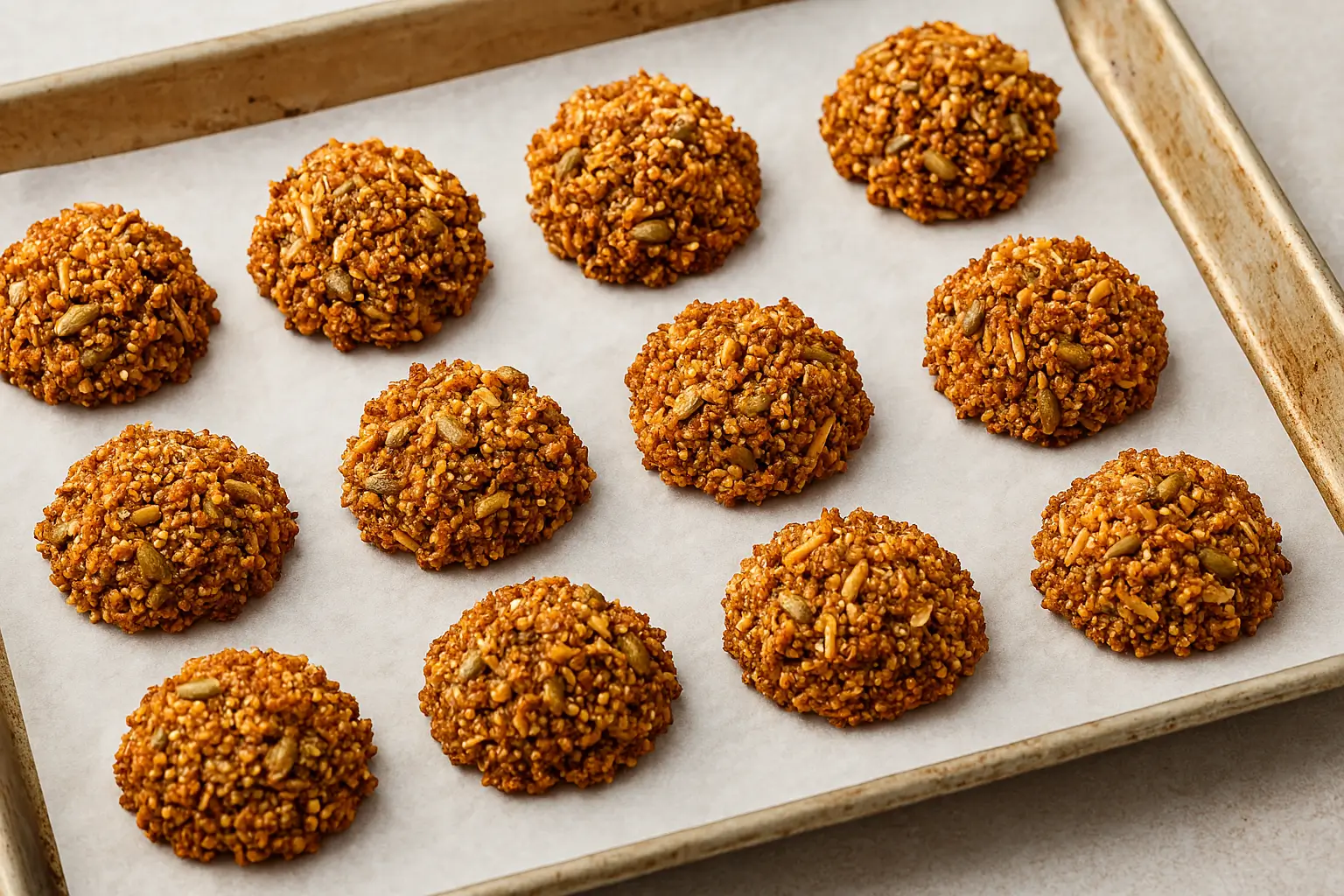 Crispy Quinoa-Coconut Breakfast Clusters Crispy quinoa-coconut breakfast clusters arranged on a parchment-lined baking sheet