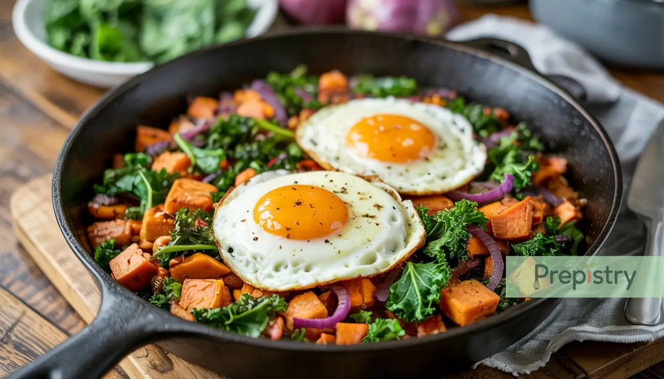 A close-up of a skillet with sweet potatoes, kale, and two sunny-side-up eggs.
