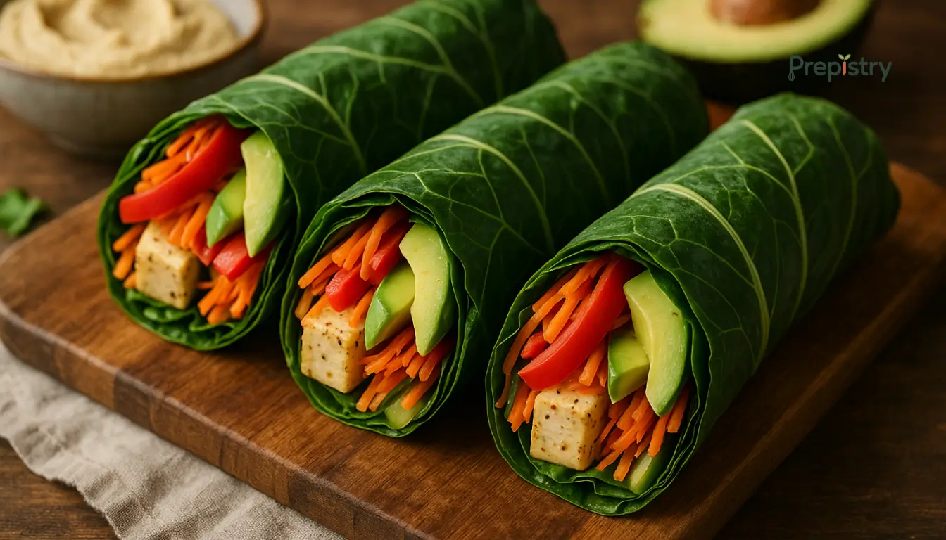 Crispy Tofu and Avocado Collard Wraps "Crispy tofu and avocado collard wraps packed with vibrant carrots, peppers, and cucumber"