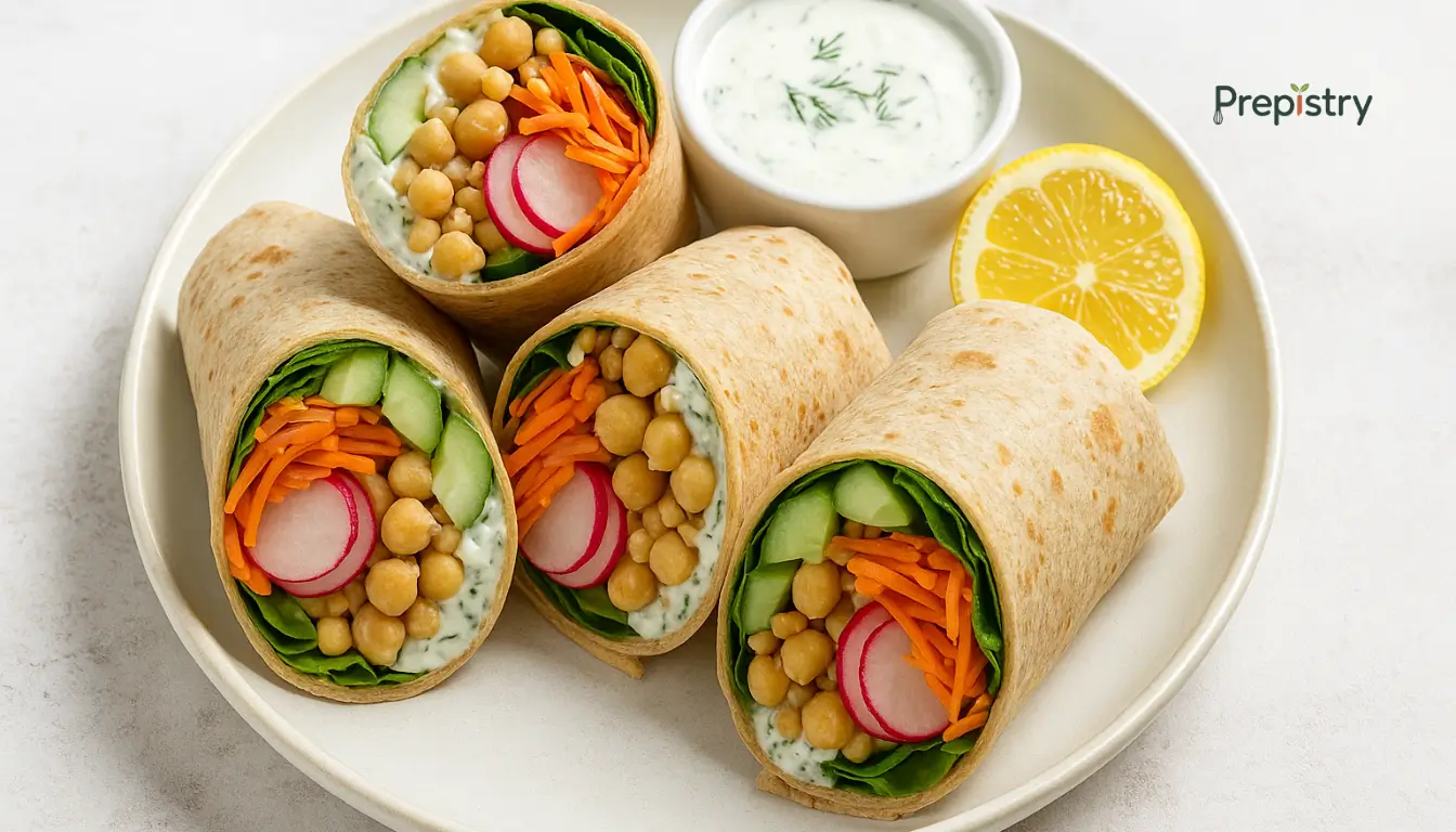 Crunchy Chickpea & Veggie Wraps Crunchy chickpea and veggie wraps with lemon-dill yogurt sauce served with a lemon wedge