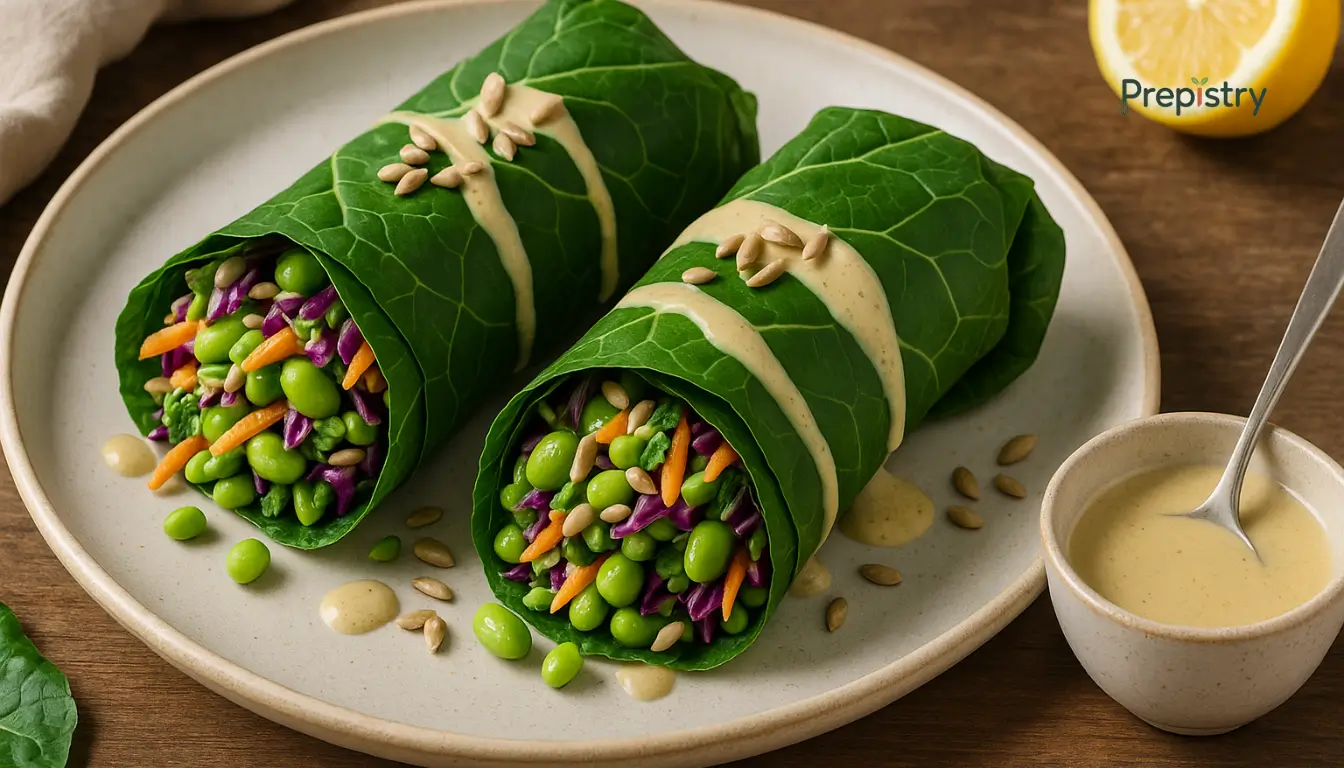 Crunchy Edamame & Tahini Slaw Wraps Fresh collard green wraps filled with edamame, colorful slaw, and creamy tahini sauce