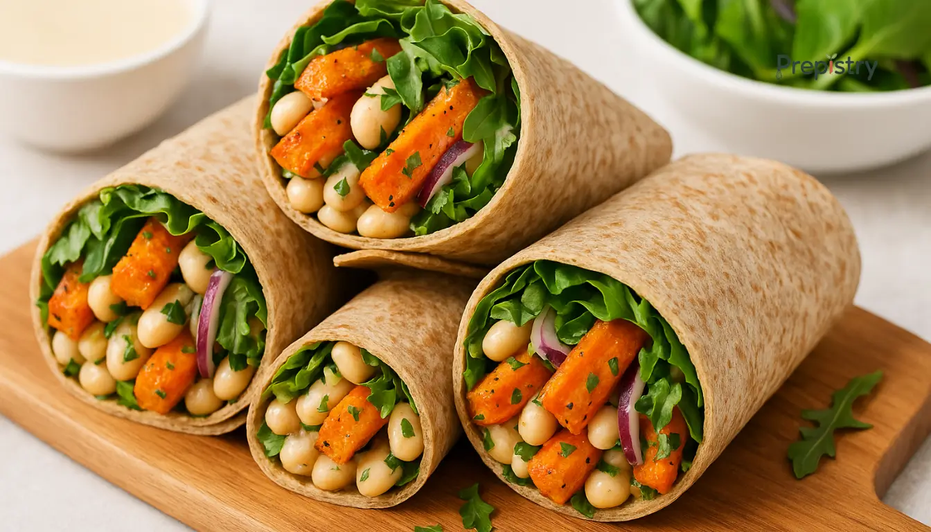 Crunchy Maple Quinoa Clusters "Whole grain wraps filled with roasted carrots, white beans, greens, and red onions on a board"
