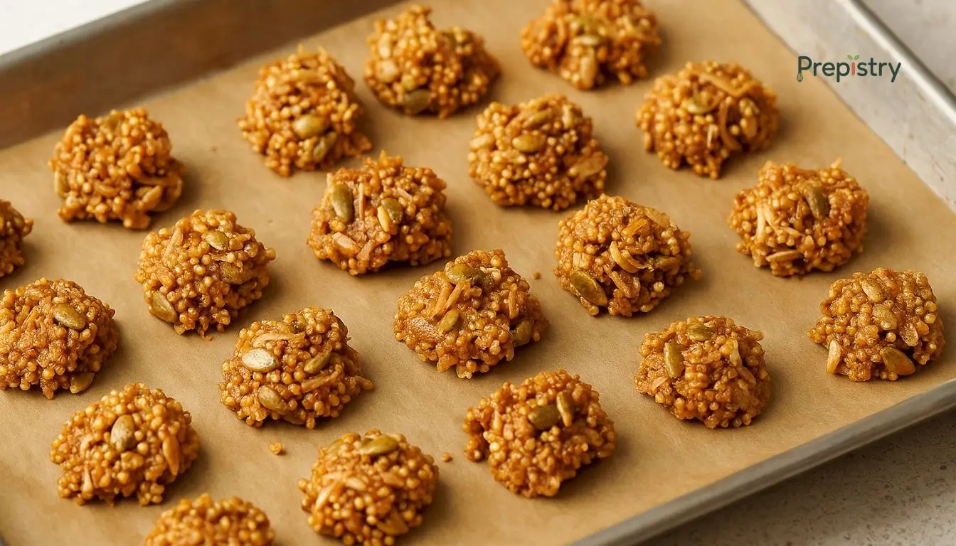 Crunchy Maple Quinoa Snack Clusters Crunchy maple quinoa snack clusters with seeds and coconut on parchment-lined baking tray