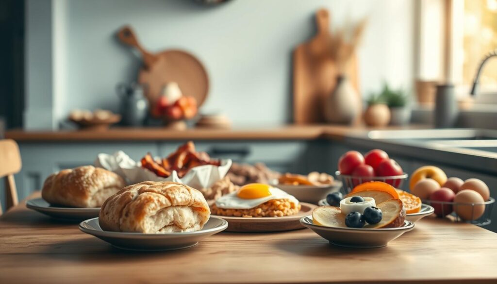 Delectable breakfast recipes displayed in a cozy, minimal kitchen setting. An assortment of freshly baked pastries, sizzling bacon, farm-fresh eggs, and vibrant fruits artfully arranged on a wooden table. Warm, soft lighting casts a golden glow, accentuating the inviting textures and hues. In the background, a light blue accent wall and subtle, natural decor create a serene, inspirational atmosphere for these top breakfast creations.