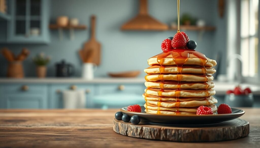 Delicious, golden-brown egg-free pancakes stacked high on a rustic wooden surface, drizzled with rich maple syrup and adorned with fresh berries. The scene is set in a cozy, minimalist kitchen, with light blue accents and warm, natural lighting from a large window. The pancakes appear fluffy and inviting, their texture and flavor captured in vivid detail. The composition is well-balanced, with the pancakes taking center stage and the background providing a clean, uncluttered canvas to showcase the delectable dish.