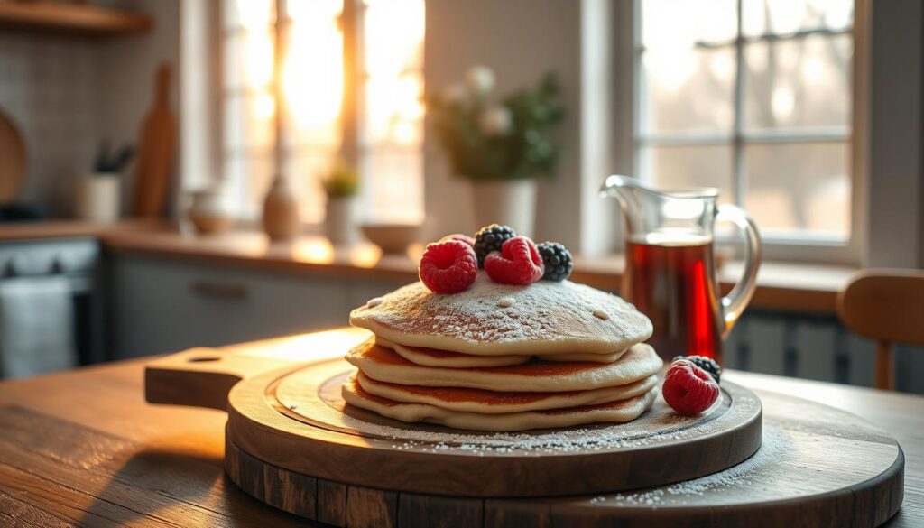 Deliciously fluffy plant-based pancakes, made with oat flour and flecked with fresh berries, sit atop a wooden serving board in a cozy, minimal kitchen. Warm sunlight filters through large windows, casting a soft glow over the scene. A pitcher of maple syrup and a dusting of powdered sugar add the perfect finishing touches, inviting the viewer to indulge in this dairy-free, low-sugar breakfast delight. The scene radiates a sense of warmth, simplicity, and healthy indulgence.