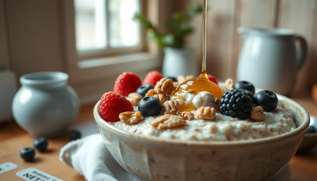 Detailed close-up image of a bowl of overnight oats, shot from an elevated angle in a cozy, minimal kitchen environment with wooden textures and light blue accents. The oats are layered with fresh berries, nuts, and a drizzle of honey, showcasing the rich nutritional benefits. The lighting is soft and warm, highlighting the natural colors and textures. The composition emphasizes the wholesome, satisfying nature of this healthy breakfast option.
