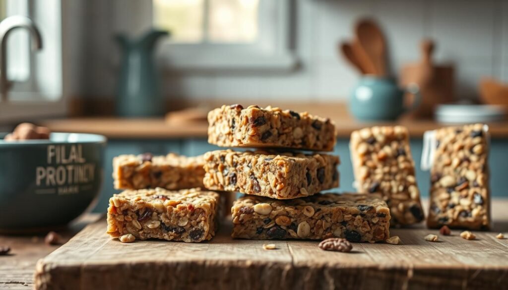 Detailed, mouth-watering close-up image of an assortment of artisanal protein bars, arranged on a rustic wooden surface in a cozy, minimalist kitchen setting with light blue accents. The bars feature a variety of natural, high-quality ingredients and inviting flavor profiles, such as chocolate-peanut butter, oats and berries, and savory nut and seed blends. The lighting is warm and soft, creating a sensory and appetizing atmosphere, highlighting the textures and colors of the protein bars. The focus is sharp, capturing the intricate details and presentation of these healthy, yet indulgent breakfast treats.