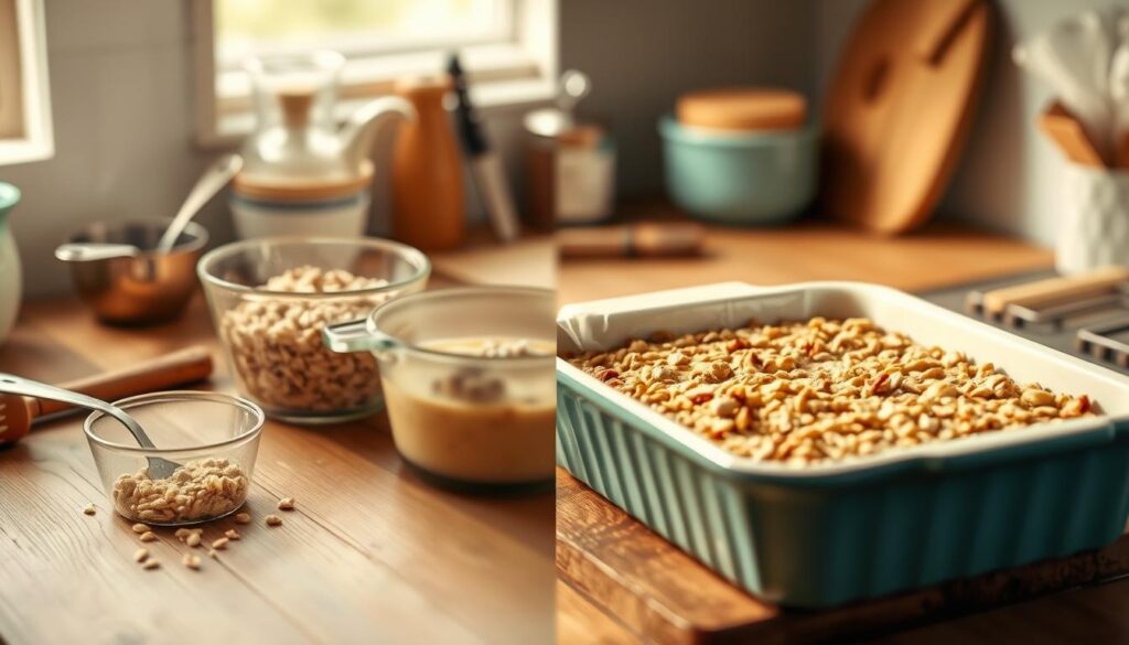 Detailed step-by-step process of baking oatmeal in a warm, inviting kitchen. Rustic wooden countertop, light blue accents, and soft natural lighting. Measuring ingredients, mixing the batter, pouring into a baking dish, and the final golden-brown baked oatmeal. Showcase the journey from raw ingredients to finished, comforting breakfast. Emphasize the homey, homemade atmosphere with a focus on the preparation and baking stages.