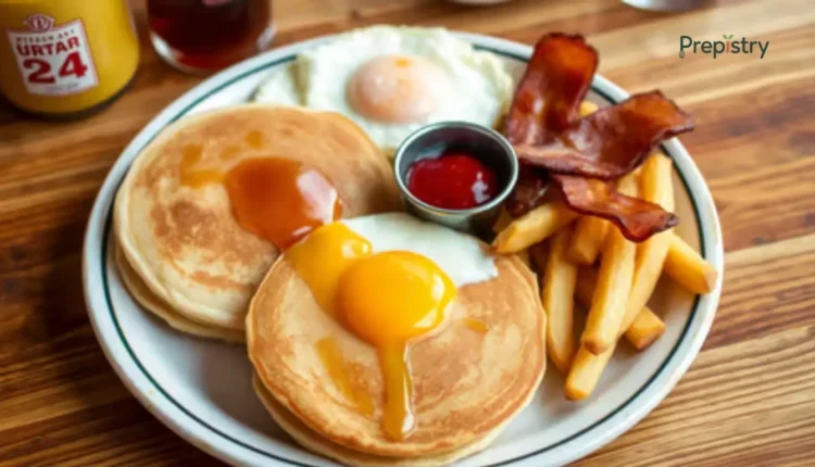 A hearty breakfast plate with pancakes, eggs, bacon, and fries.