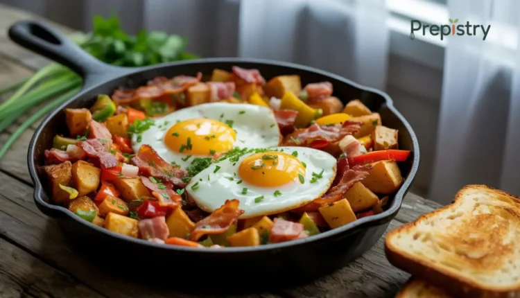 A hearty skillet filled with fried eggs, beef bacon, potatoes, and peppers.