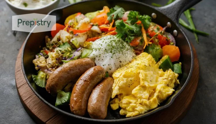 A delicious protein skillet breakfast with sausages, scrambled eggs, and vegetables.