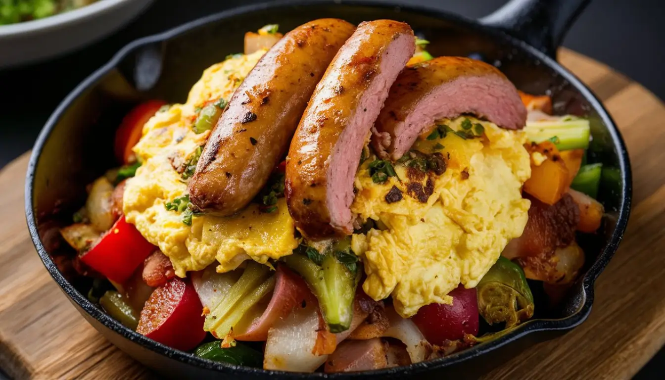 Easy Protein Skillet Breakfast Platter 2 A hearty skillet filled with sausages, scrambled eggs, and a mix of vegetables.