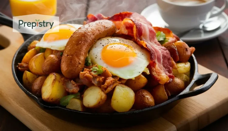 A savory breakfast skillet with eggs, sausage, beef bacon, and crispy potatoes.