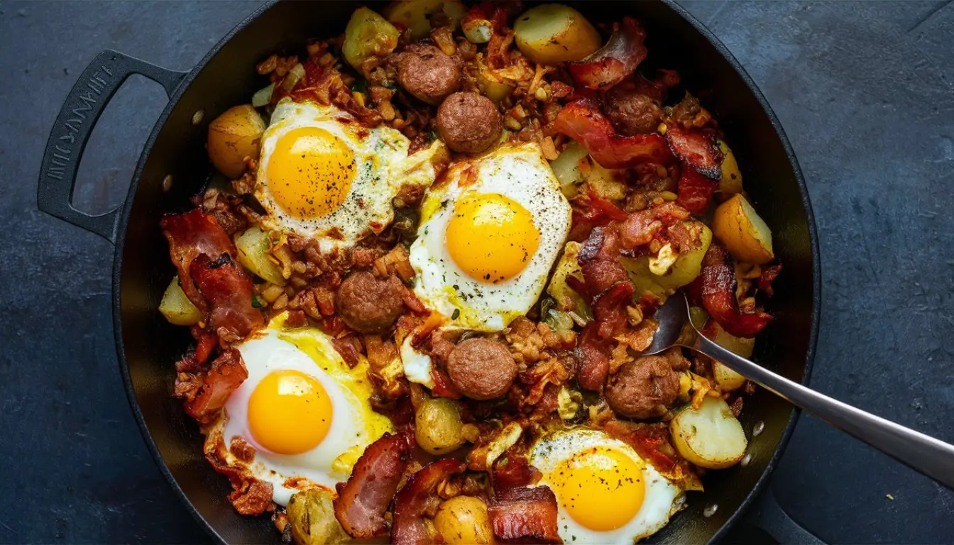 Easy Triple Protein Breakfast Hash 2 A flavorful skillet breakfast with eggs, sausage, beef bacon, and golden potatoes.