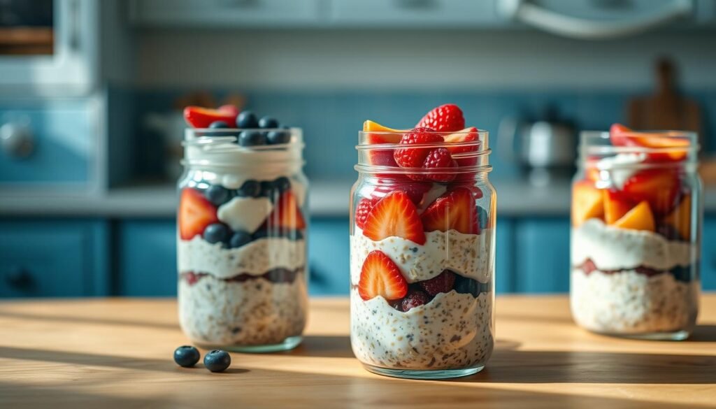 Elegant glass jars filled with colorful layers of overnight oats, Greek yogurt, and fresh fruit, arranged on a wooden kitchen counter with light blue accents. Soft natural lighting casts gentle shadows, highlighting the textures and colors of the ingredients. The jars are positioned at different angles, creating a visually appealing and organized display that invites the viewer to explore the step-by-step process of assembling these delightful breakfast treats.
