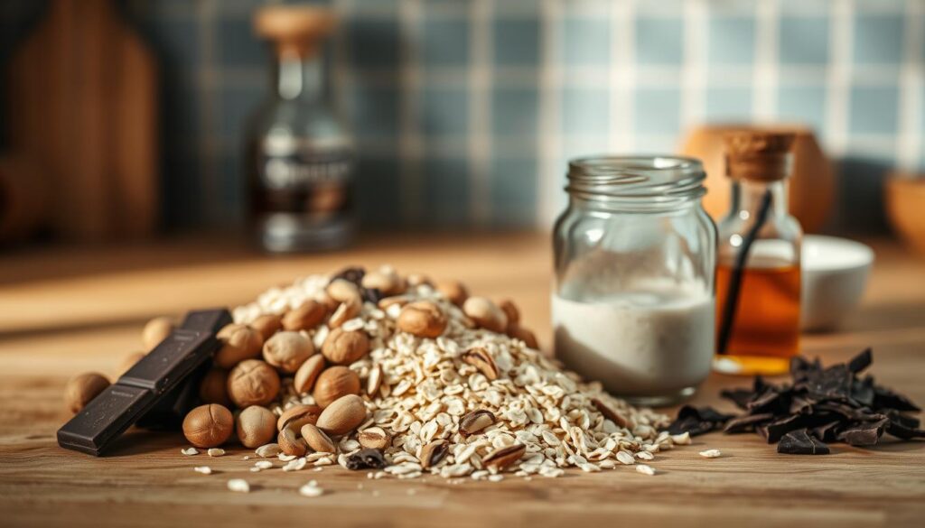 Enticing array of overnight oats ingredients laid out in a rustic, minimalist kitchen setting. Creamy steel-cut oats, crunchy hazelnuts, luscious dark chocolate shavings, and a small glass jar of fragrant vanilla extract. Soft, indirect lighting illuminates the scene, casting warm shadows and highlighting the natural textures of the wooden surface and muted blue tile backsplash. A sense of simplicity and wholesome indulgence permeates the atmosphere, inviting the viewer to savor the delectable components of this nourishing breakfast.