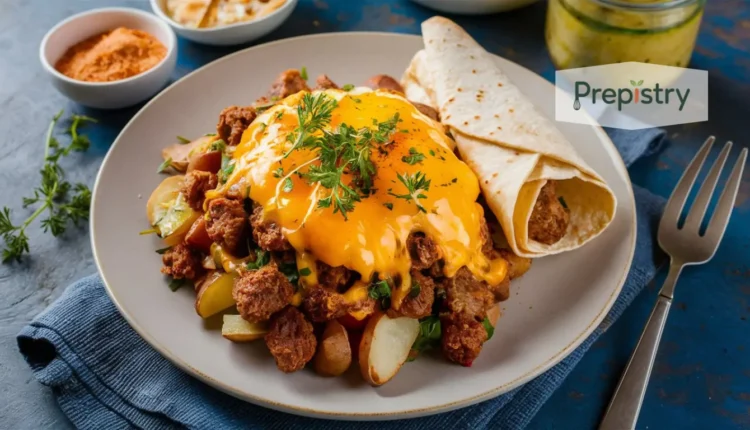 A flavorful sausage and egg scramble with cheese and warm tortillas.