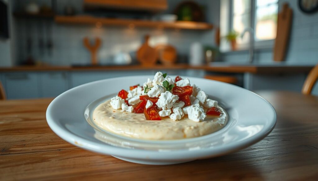 Feta cheese crumbles nestled atop a lustrous pool of sun-dried tomato aioli, presented on a rustic white ceramic plate against a backdrop of a cozy, minimal kitchen. Warm lighting casts a soft glow, highlighting the vibrant colors and textures of the Mediterranean-inspired ingredients. Wooden accents and light blue hues create a soothing, understated atmosphere, inviting the viewer to savor the flavors of this captivating culinary creation. No hand is present, allowing the focus to remain solely on the delectable dish.