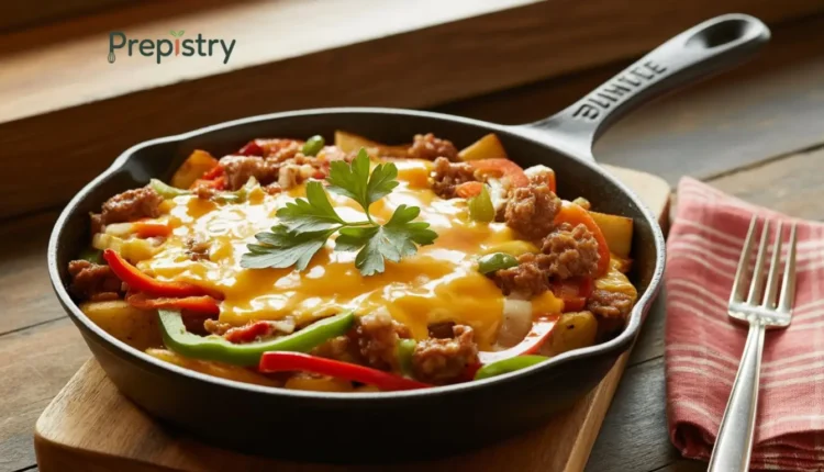A warm skillet filled with scrambled eggs, sausage, peppers, and melted cheese.