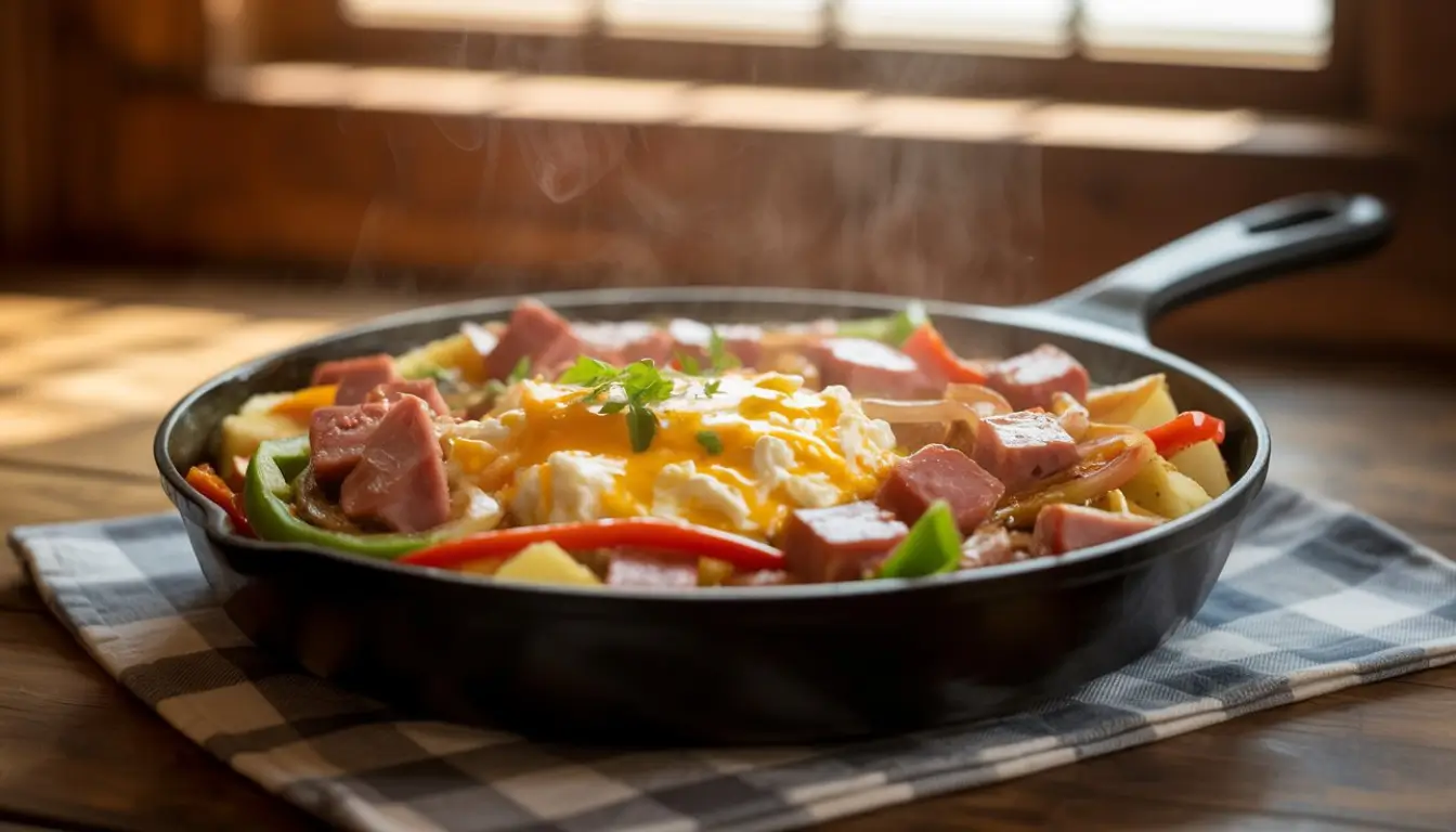 Five Minute Denver Breakfast Skillet 2 A hearty Denver skillet with ham, cheese, scrambled eggs, and colorful vegetables.