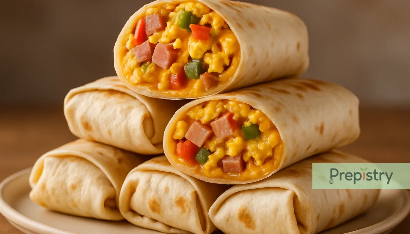 Freezer-Friendly Breakfast Burritos A stack of breakfast burritos showcasing scrambled eggs, ham, and colorful veggies.