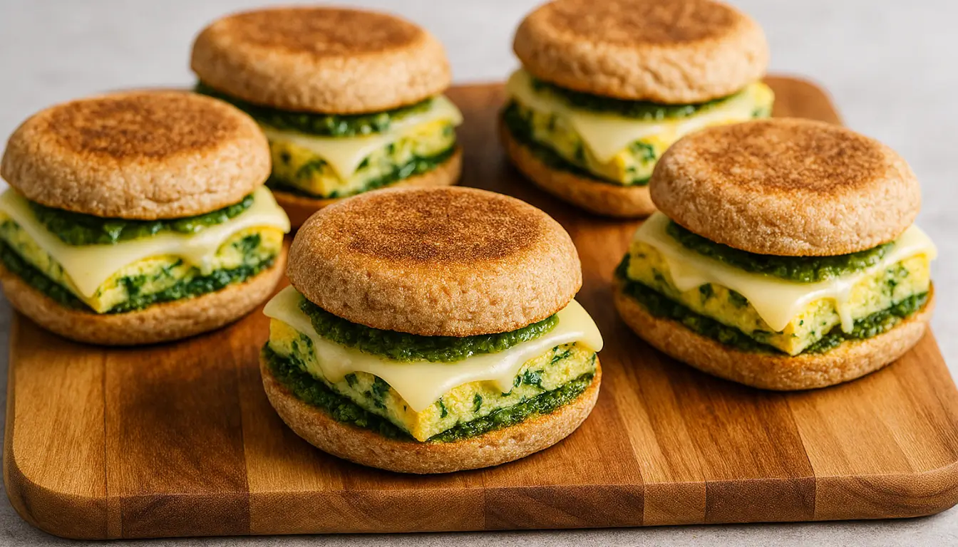 Freezer-Friendly Egg and Pesto English Muffin Sandwiches Freezer-friendly egg and pesto English muffin sandwiches on a wooden board.