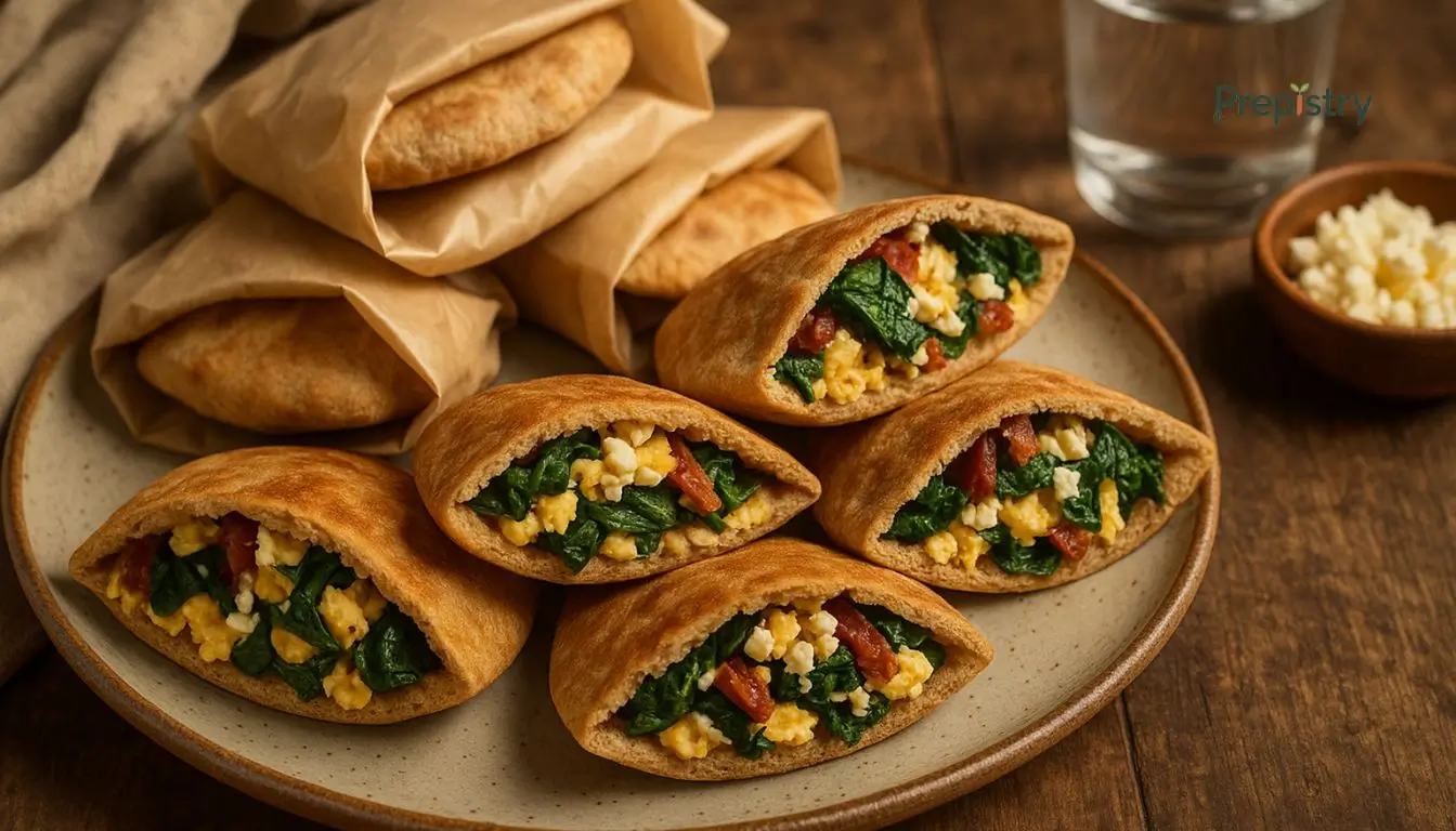 Freezer-Friendly Mediterranean Breakfast Pita Pockets Mediterranean pita pockets stuffed with scrambled eggs, spinach, and feta on a rustic plate