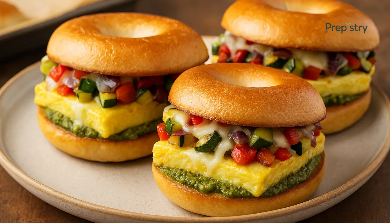 Toasted bagel sandwiches with pesto, eggs, and colorful sautéed vegetables on a rustic plate