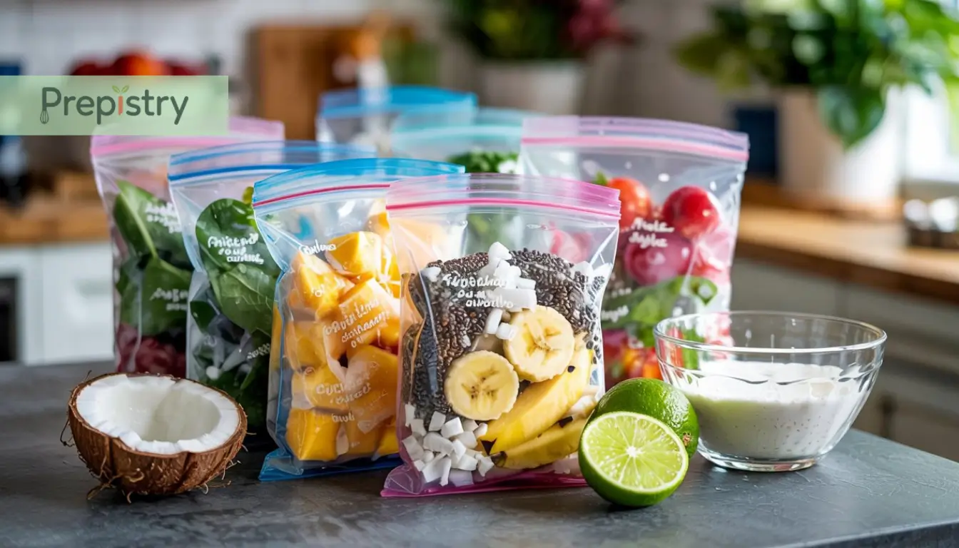 Freezer-Friendly Tropical Greens Smoothie Packs Frozen smoothie packs containing fruits, greens, chia seeds, and coconut, ready to blend.