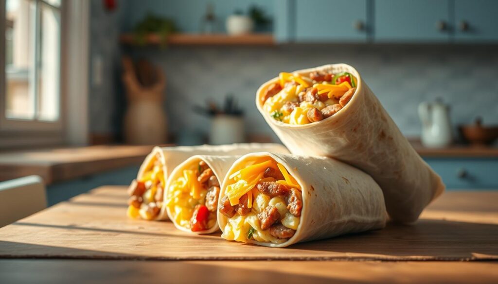Freezer-friendly breakfast burritos neatly arranged on a wooden table, featuring fluffy scrambled eggs, savory sausage, melted cheddar cheese, and earthy, grilled vegetables wrapped in warm, soft tortillas. The burritos are lit by natural light filtering through a nearby window, casting a warm, golden glow and creating soft shadows. The camera angle is slightly elevated, capturing the delectable details and the cozy, minimal kitchen environment with light blue accents on the walls and cabinets.