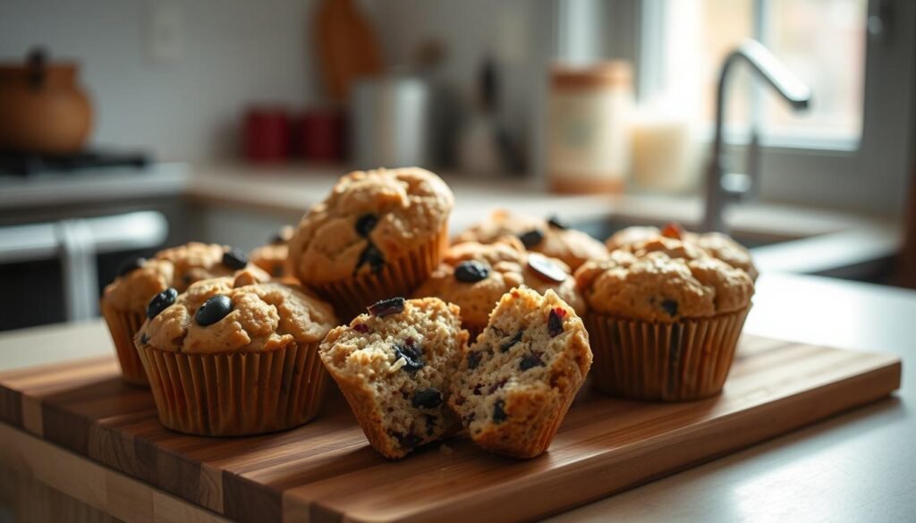 Freezer-friendly breakfast muffins freshly baked in a cozy, minimal kitchen. A crisp, golden-brown exterior gives way to a light, fluffy interior, studded with nutrient-rich ingredients like berries, nuts, and whole grains. Soft natural light filters in through a nearby window, casting a warm glow over the muffins arranged on a wooden cutting board. The scene exudes a sense of homey comfort and wholesome nourishment, capturing the benefits of preparing breakfasts in advance for stress-free school mornings.