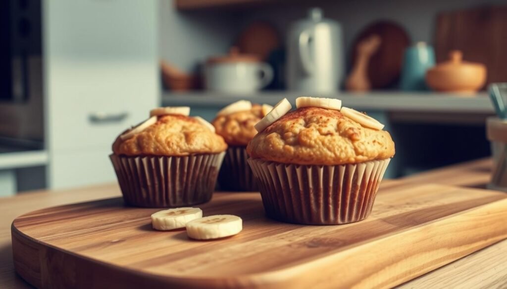 Freshly baked banana protein muffins, the aroma wafting through a cozy, minimal kitchen with wooden textures and light blue accents. The muffins sit atop a rustic wooden board, their golden-brown tops dotted with ripe banana slices and a light dusting of cinnamon. Soft, moist interiors, packed with protein-rich ingredients like Greek yogurt and whey powder, promise a satisfying and nutritious breakfast. Warm, indirect lighting casts a gentle glow, highlighting the inviting textures and natural tones. A simple, yet elegant presentation that captures the essence of a delicious and healthy make-ahead breakfast.