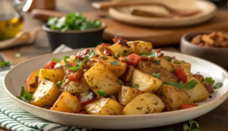 Herb-roasted potatoes with red peppers on a white plate
