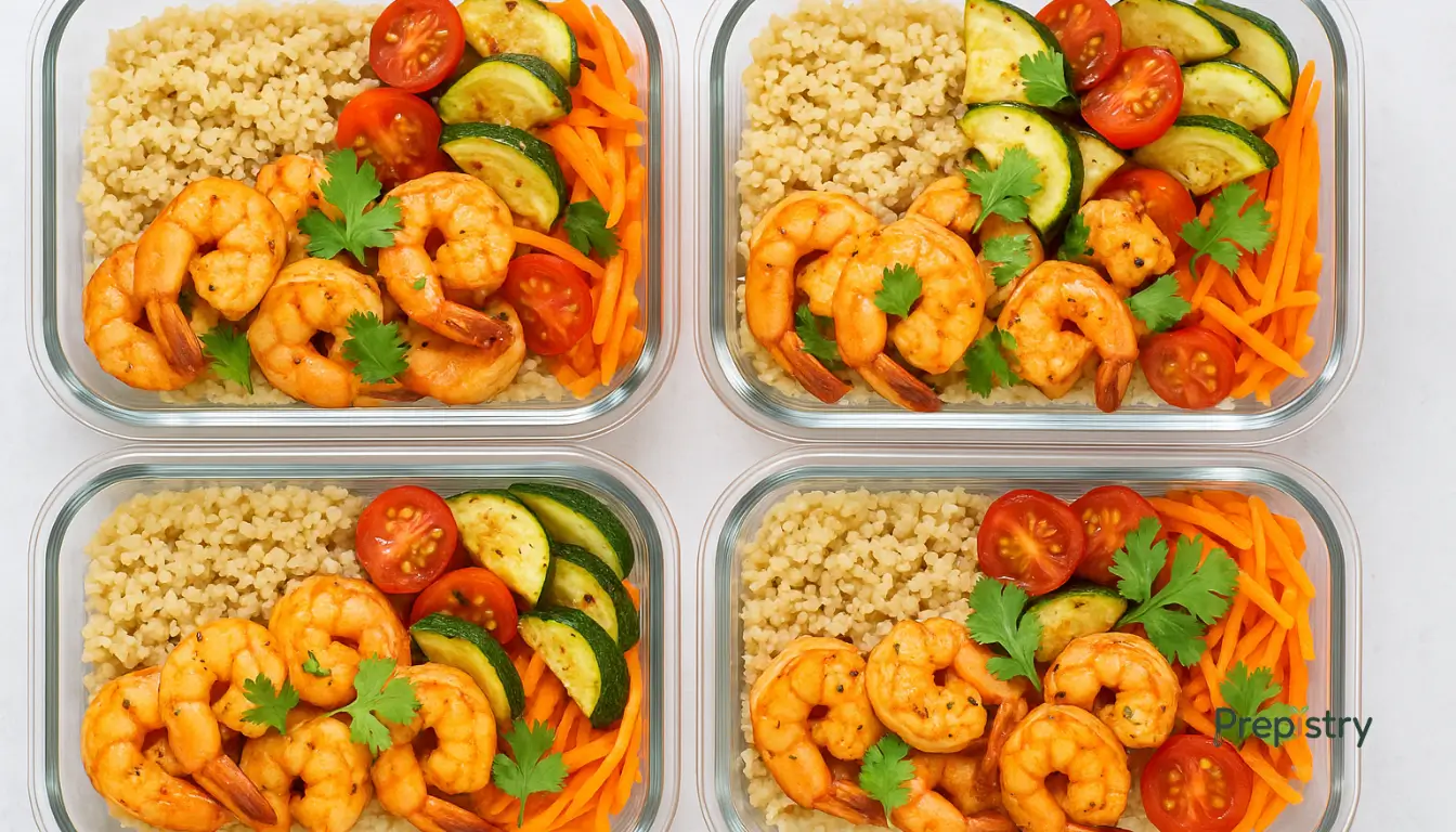Garlic Lime Shrimp Meal Prep Bowls Garlic lime shrimp with quinoa, cherry tomatoes, zucchini, and carrots in meal prep containers