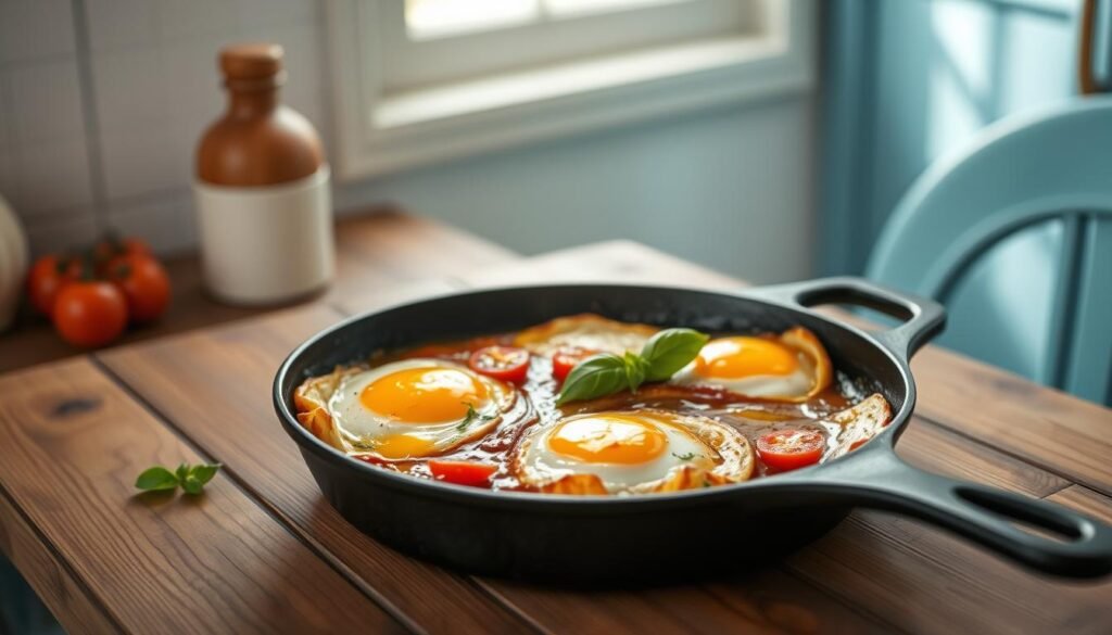 Garlicky tomato baked eggs with crisp edges, nestled in a cast-iron skillet on a rustic wooden table. Soft, runny yolks spilling over juicy tomatoes and flecks of fresh basil. Warm, earthy tones complement the light blue accents of the cozy, minimal kitchen. Soft, natural lighting filters through a window, casting a gentle glow over the scene. The inviting aroma of garlic and herbs fills the air, hinting at the delicious flavors to come. A simple, nutritious breakfast that beckons to be savored.