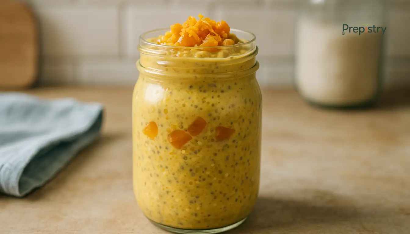 Creamy golden overnight oats in a mason jar with apricot pieces and orange zest topping