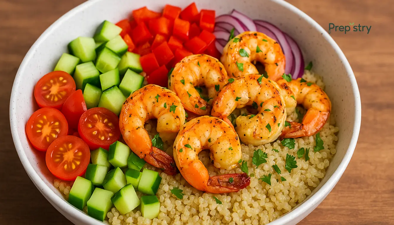 Grilled Shrimp & Quinoa Power Bowl Grilled shrimp and colorful vegetables served over quinoa in a white bowl on wooden surface