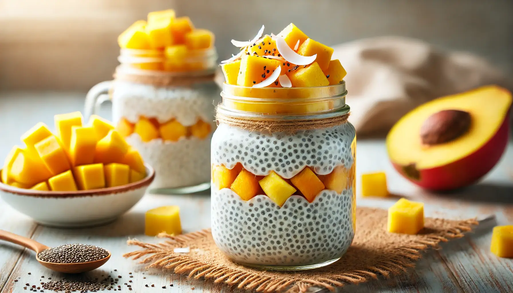 Healthy Breakfast Snacks Chia pudding layered with fresh mango cubes and coconut flakes in jars.