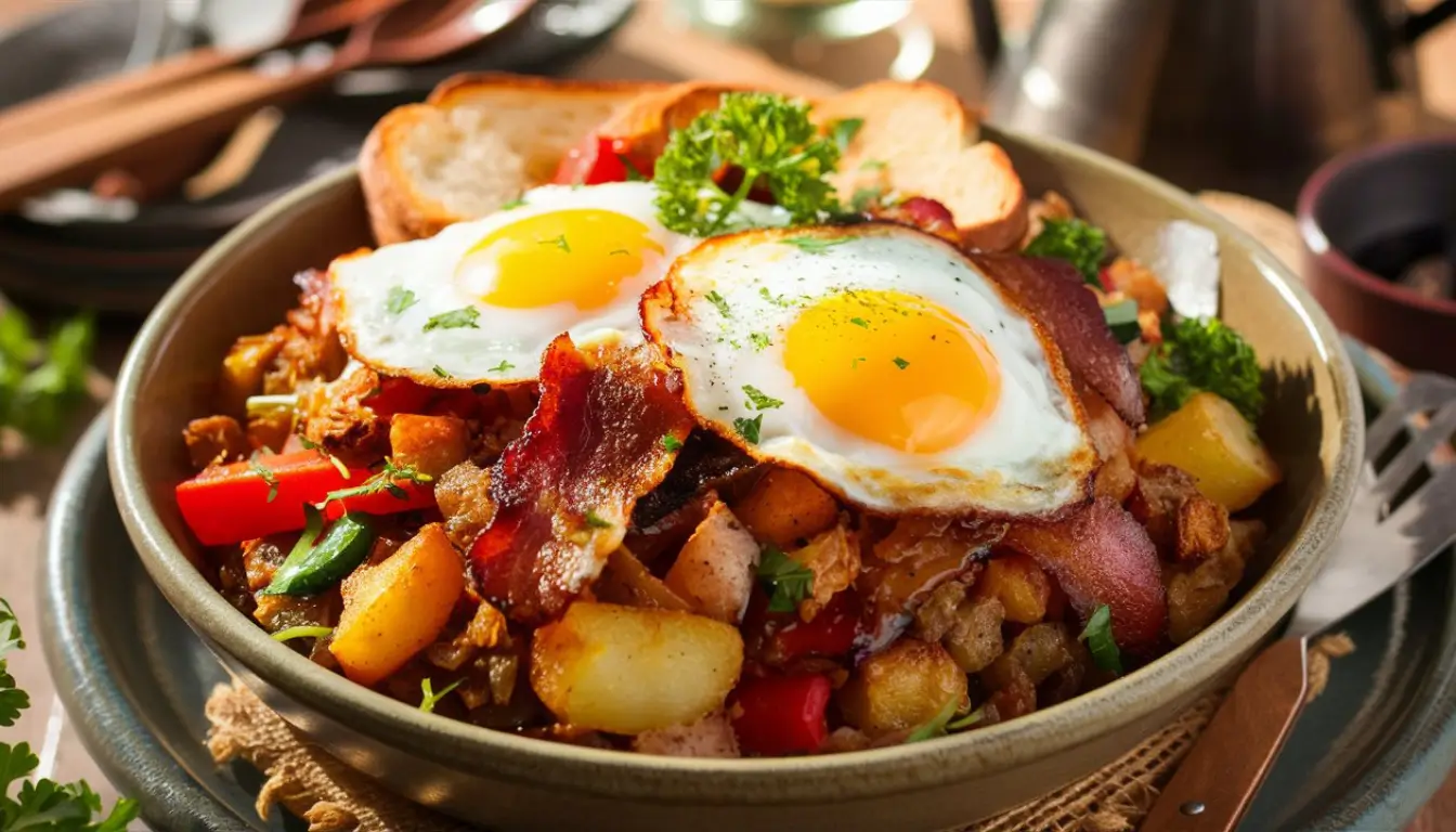 Hearty American Breakfast Hash Bowl 2 A hearty breakfast bowl with fried eggs, beef bacon, sautéed potatoes, and veggies.