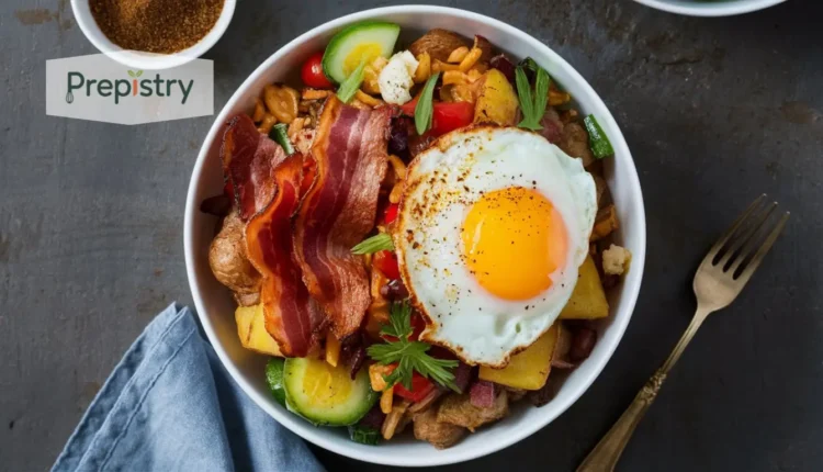 A delicious breakfast bowl with crispy beef bacon, roasted potatoes, and a sunny-side-up egg.