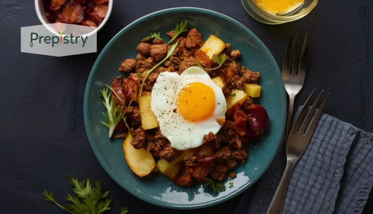A plate with hash made of beef, beef bacon, potatoes, and topped with a fried egg.